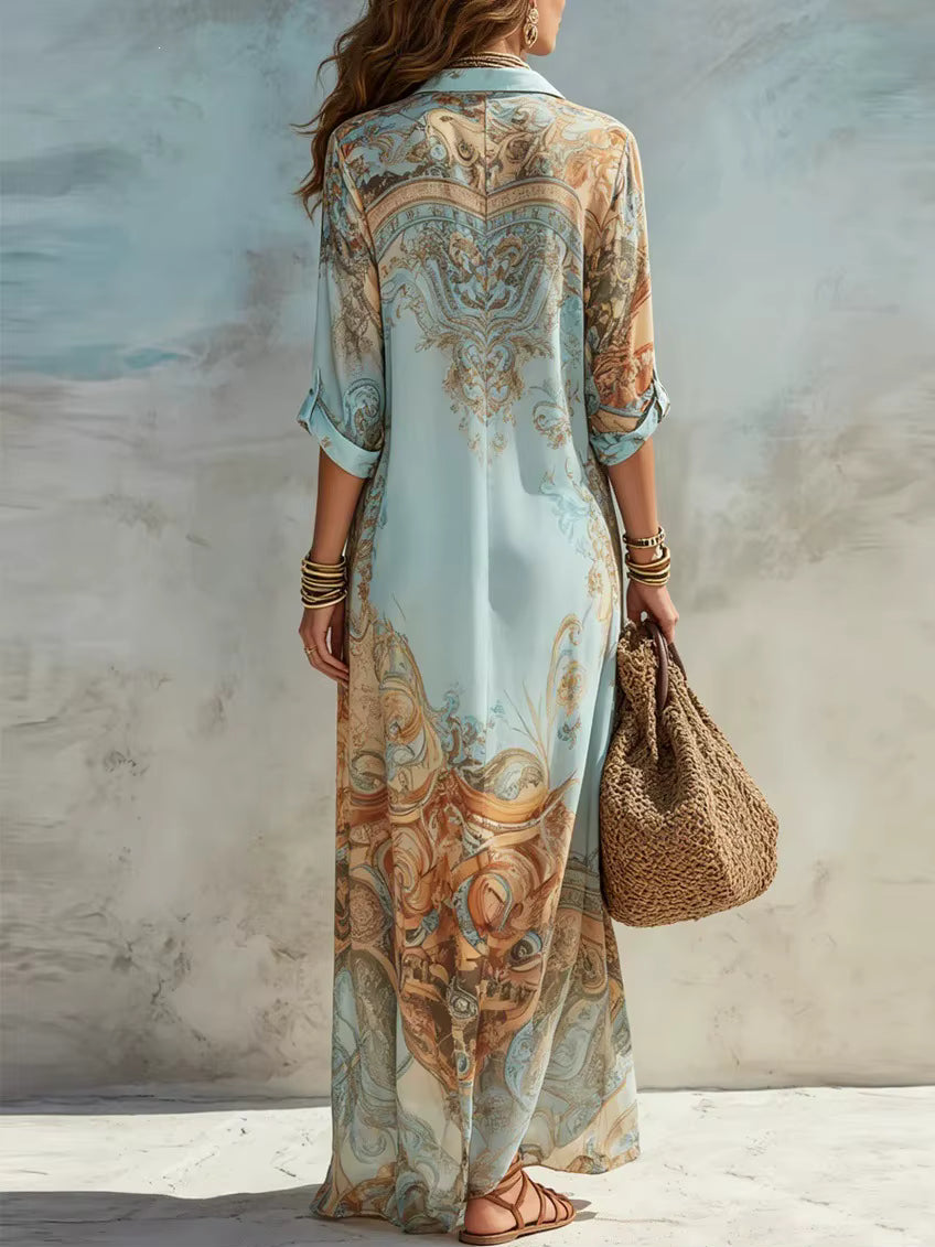 Abito Elegante, Camicia per Donna in Chiffon con Stampa Digitale, Colletto Rovesciato, Chiusura Monopetto
