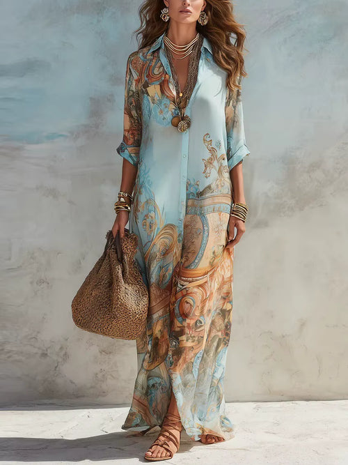 Abito Elegante, Camicia per Donna in Chiffon con Stampa Digitale, Colletto Rovesciato, Chiusura Monopetto