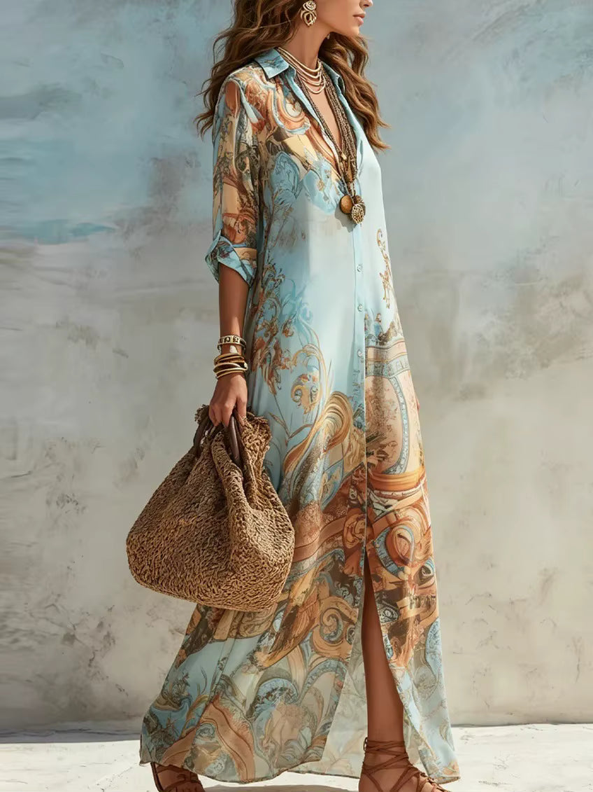 Abito Elegante, Camicia per Donna in Chiffon con Stampa Digitale, Colletto Rovesciato, Chiusura Monopetto